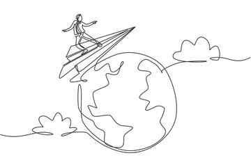 Single one line drawing young smart business man flying with paper airplane around the world. Business trip metaphor concept. Modern continuous line draw. Minimal design graphic vector illustration