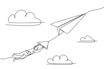 Aluminium Prints One line Single continuous line drawing of young business man hanging on flying big paper airplane. Business challenge metaphor concept. Minimalism dynamic one line draw. Graphic design vector illustration