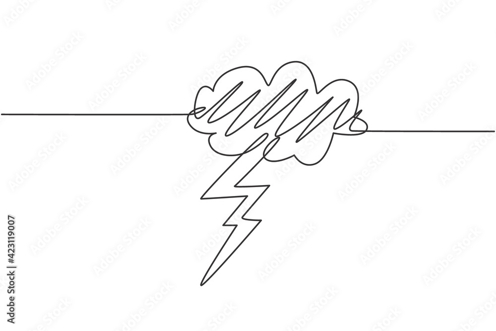 Aufkleber single continuous line drawing of flashing thunderbolt with heavy cloud in the sky. daily natural we
