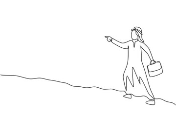 Continuous one line drawing young Arab male worker walking and pointing finger to his office colleague. Success business manager minimalist concept. Single line draw design vector graphic illustration
