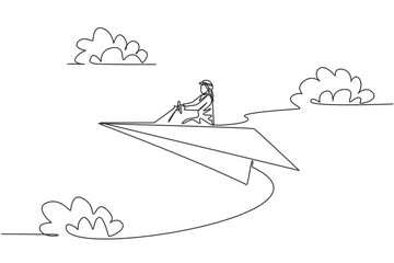 Continuous one line drawing of young Arab male worker flying with paper plane doing business trip. Success manager minimalist metaphor concept. Single line draw design vector graphic illustration