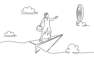 Continuous one line drawing young Arab male worker flying with paper plane to hit target on dartboard. Success manager minimalist metaphor concept. Single line draw design vector graphic illustration