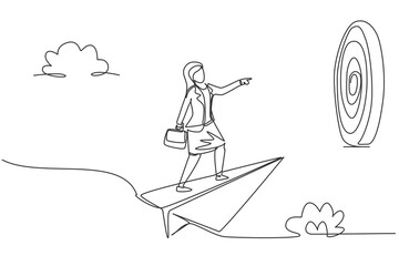 Continuous one line drawing young female worker focus flying with paper plane to hit business target. Success manager. Metaphor minimalist concept. Single line draw design vector graphic illustration