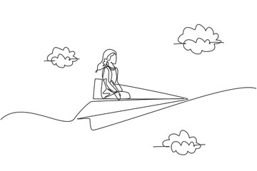 Single one line drawing of young businesswoman siting relax on paper plane to do business trip. Business goal. Metaphor minimal concept. Modern continuous line draw design graphic vector illustration