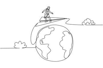 Single continuous line drawing young professional business woman doing business trip around the world with paper airplane. Minimalism metaphor concept. One line draw graphic design vector illustration