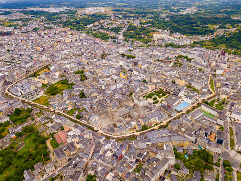 Aerial panoramic view of Lugo city with buildings and landscape, Galicia ..