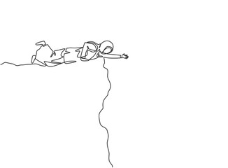 Single one line drawing young Arab business woman lend a hand to reach colleague from cliff. Business support. Minimal metaphor concept. Modern continuous line draw design graphic vector illustration