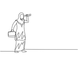 Single one line drawing young Arab business woman analyze market situation with monocular. Business challenge. Minimal metaphor concept. Modern continuous line draw design graphic vector illustration