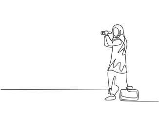 Continuous one line drawing young Arab female worker analyze market situation with binocular. Success business manager. Minimalist metaphor concept. Single line draw design vector graphic illustration