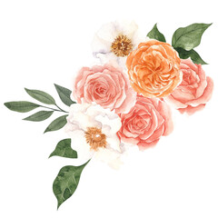 Watercolor bouquet with pretty flowers and leaves, isolated on white background, for wedding invitations, birthday and more 