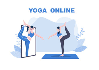Online Lessons, Yoga and Meditation Classes By Watching Videos, Live Streaming, Internet Education On Your Laptop Or Phone At Home. Vector Illustration