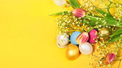 Fototapeta na wymiar Stylish background with gold easter eggs on the yellow color background. Flat lay, top view, mockup, overhead, template
