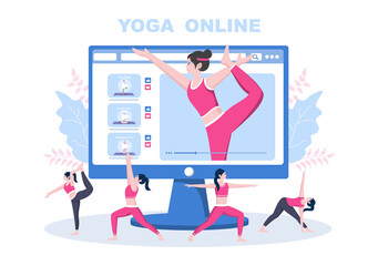 Obraz na płótnie Canvas Online Lessons, Yoga and Meditation Classes By Watching Videos, Live Streaming, Internet Education On Your Laptop Or Phone At Home. Vector Illustration