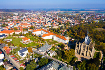 Fototapeta na wymiar View from drone of Czech town Kutna Hora with medieval Saint Barbara Cathedral