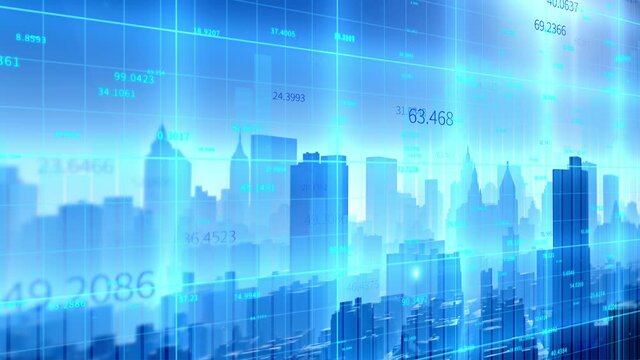 4K financial chart with tech city background;Business tech digital Data trend hud Graph;Changing Economic node line;Digital Tableau of Stock Market Values.