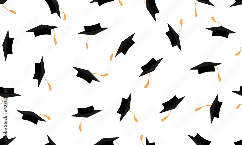 Wall mural throwing black square academic caps or mortarboards with yellow tassel, seamless pattern. vector ill