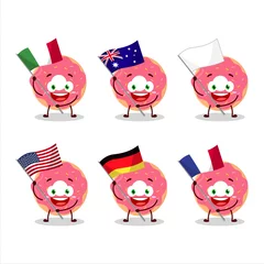 Fotobehang Strawberry donut cartoon character bring the flags of various countries © kongvector