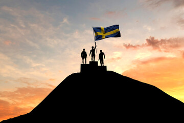 Sweden flag being waved on top of a winners podium. 3D Rendering