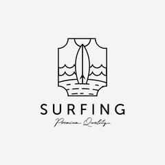 Badge of Vacation Beach Surf Line Art Vector Logo, Illustration Design of Extreme Sport Surfing Logo