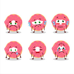 Strawberry donut cartoon character with sad expression