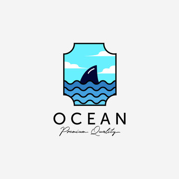 Emblem of Ocean Shark Line Art Logo, Illustration Design of Pacific Marine, Horizon Coastline Vector Concept