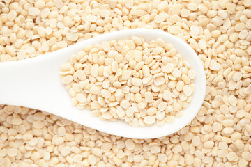 macro Close-up of Organic split polished white urad dal (Vigna mungo) on a white ceramic soup spoon. Top view