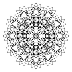 Doodle monochrome lace mandala pattern. Emblem luxury beauty spa, cosmetics, jewelry, hotel, restaurant. Wedding elegant outline frame. Vector floral luxury curve logo design. Round gold ornate frame.