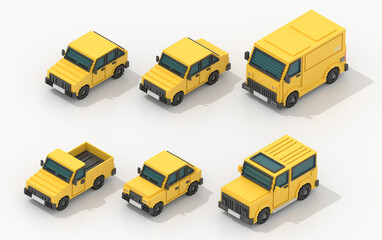 voxel art illustration of isometric vehicles, being car, jeep, van, pickup. They are simple models reminiscent of a lot of pixel art