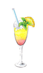 Hand drawn watercolor drink. Glass with cocktail