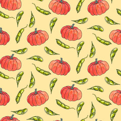 Hand drawn watercolor seamless pattern with vegetables. Pumpkin and soy