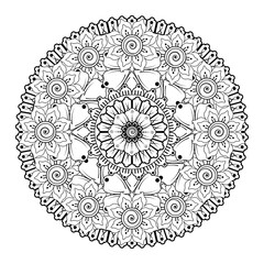 Doodle monochrome lace mandala pattern. Emblem luxury beauty spa, cosmetics, jewelry, hotel, restaurant. Wedding elegant outline frame. Vector floral luxury curve logo design. Round gold ornate frame.