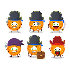Cartoon character of orange cream donut with various pirates emoticons