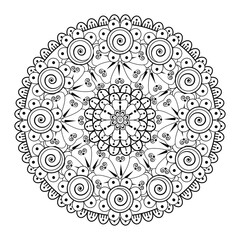 Doodle monochrome lace mandala pattern. Emblem luxury beauty spa, cosmetics, jewelry, hotel, restaurant. Wedding elegant outline frame. Vector floral luxury curve logo design. Round gold ornate frame.