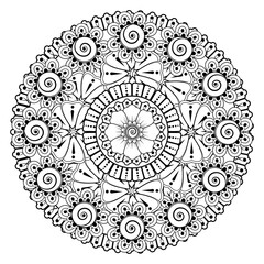 Doodle monochrome lace mandala pattern. Emblem luxury beauty spa, cosmetics, jewelry, hotel, restaurant. Wedding elegant outline frame. Vector floral luxury curve logo design. Round gold ornate frame.