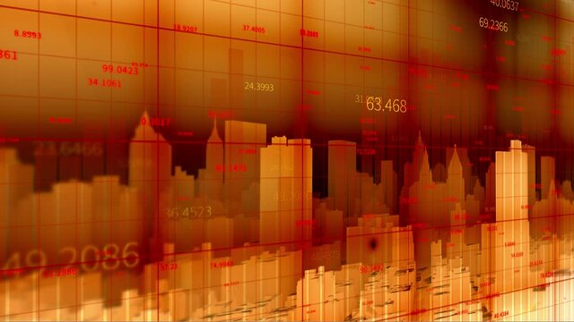 4K financial chart with tech city background;Business tech digital Data trend hud Graph;Changing Economic node line;Digital Tableau of Stock Market Values.
