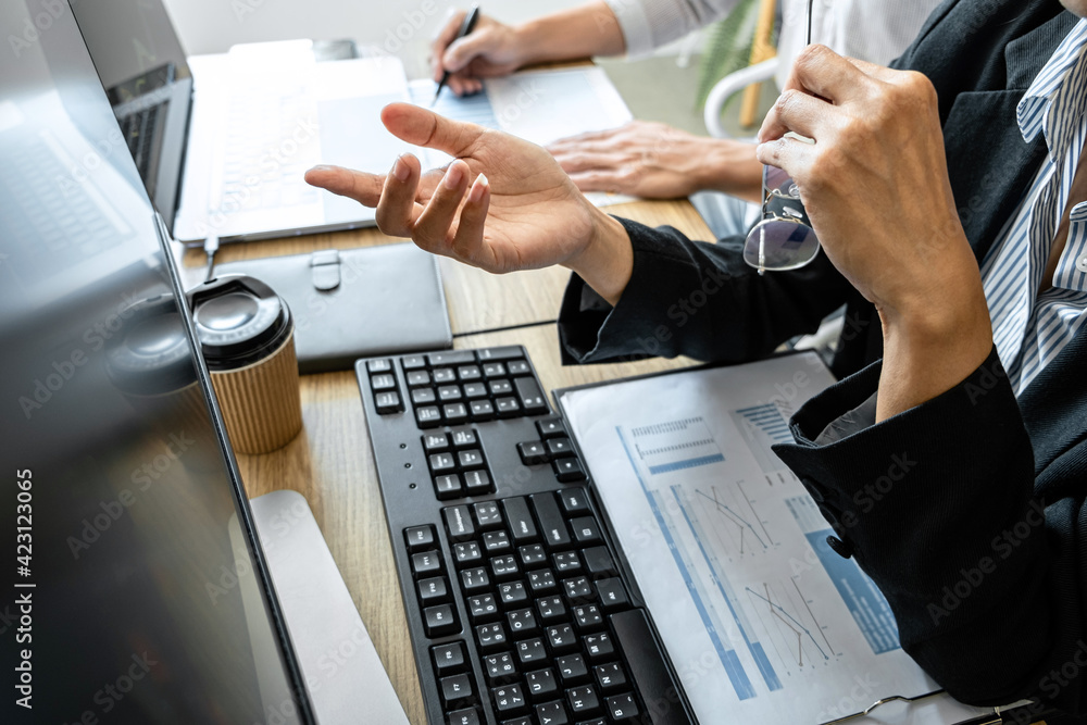 Poster business team investment working with computer, planning and analyzing graph stock market trading wi