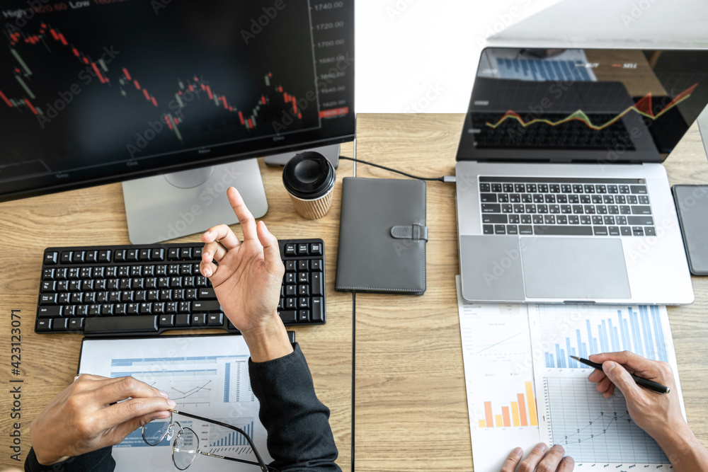 Poster business team investment working with computer, planning and analyzing graph stock market trading wi
