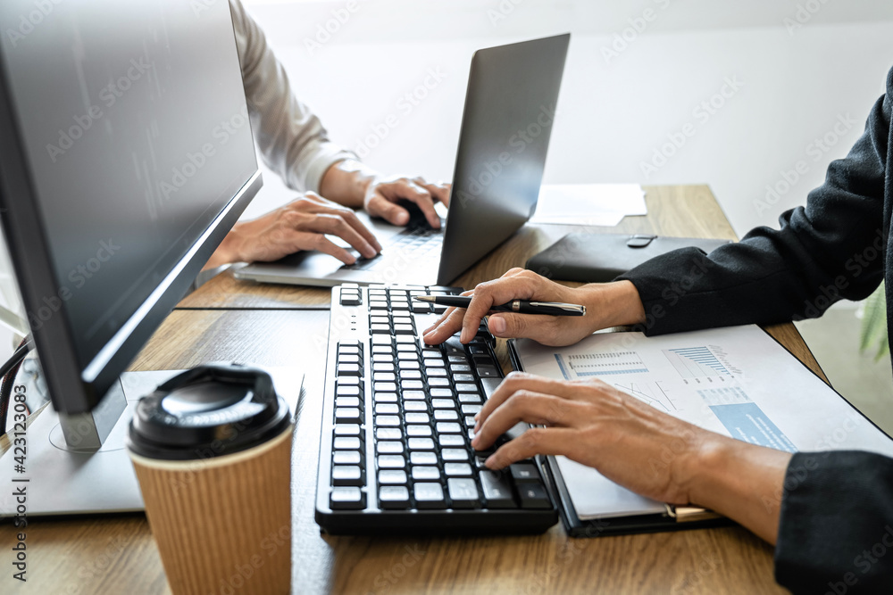 Poster business team investment working with computer, planning and analyzing graph stock market trading wi