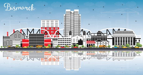 Bismarck North Dakota City Skyline with Color Buildings, Blue Sky and Reflections.