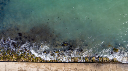 Coast of the Crimea peninsula, rocky mountains, aerial view of the sea resort of Koktebel
