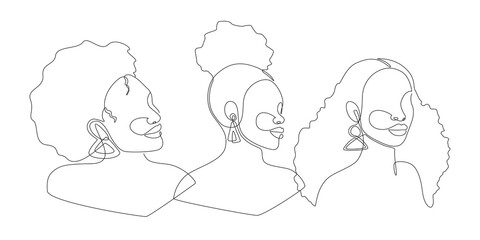 Set of Line art portrait African American women. Continuous one line drawing woman face isolated on white for logo, banner, prints, tattoos, posters. Different Afro hairstyle. Vector illustration © Olga Rai
