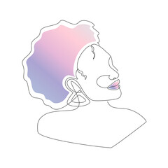 Obraz premium Line art portrait of African American woman with afro hairstyle. Continuous one line drawing woman face with abstract gradient shape in retro style for logo, banner, print, tattoo, poster. Vector