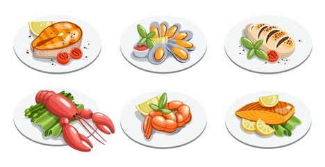 Seafood meals set in cartoon style. Squid, shrimp, calamari, fish, mussels with lemon, green salad and tomatoes on plate. Isolated vector illustration.