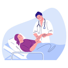 Woman with cancer in bed at the hospital. The oncologist is standing next to her and holding her hand. Awareness lavender ribbon. Oncology treatment concept. Vector illustration. Flat style.