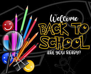 Back to school vector banner design. Welcome back to school text with student supplies like color pencil, marker and magnifying glass element for educational tools background. Vector illustration  
