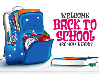 Back to school vector banner design. Welcome back to school text with student bag backpack element and education supplies for educational knowledge background. Vector illustration 
