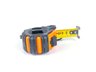 Worker measuring tape tool on white background. Yardstick. Craftsman equipment. Builders hand tool....