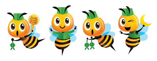 Selamat Hari Raya. Cartoon cute bee celebrate Hari Raya Aidilfitri mascot set. Cute bee wear Songkok cap holding Ketupat (rice dumplings) and moon.-mascot character 
