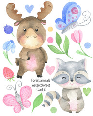 Watercolor funny forest animals clipart. Woodland baby animals illustrations, cute cartoon. Decor elements, wild life, isolated. Elk; raccoon; Butterfly; strawberry; blueberry
