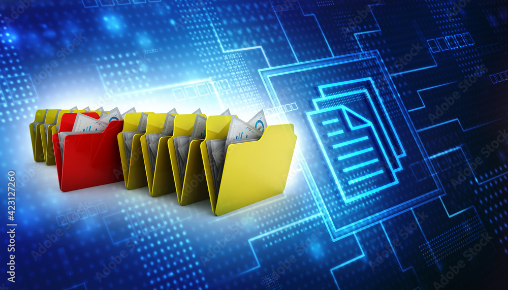 Aufkleber folders with paper on technology background. 3d render